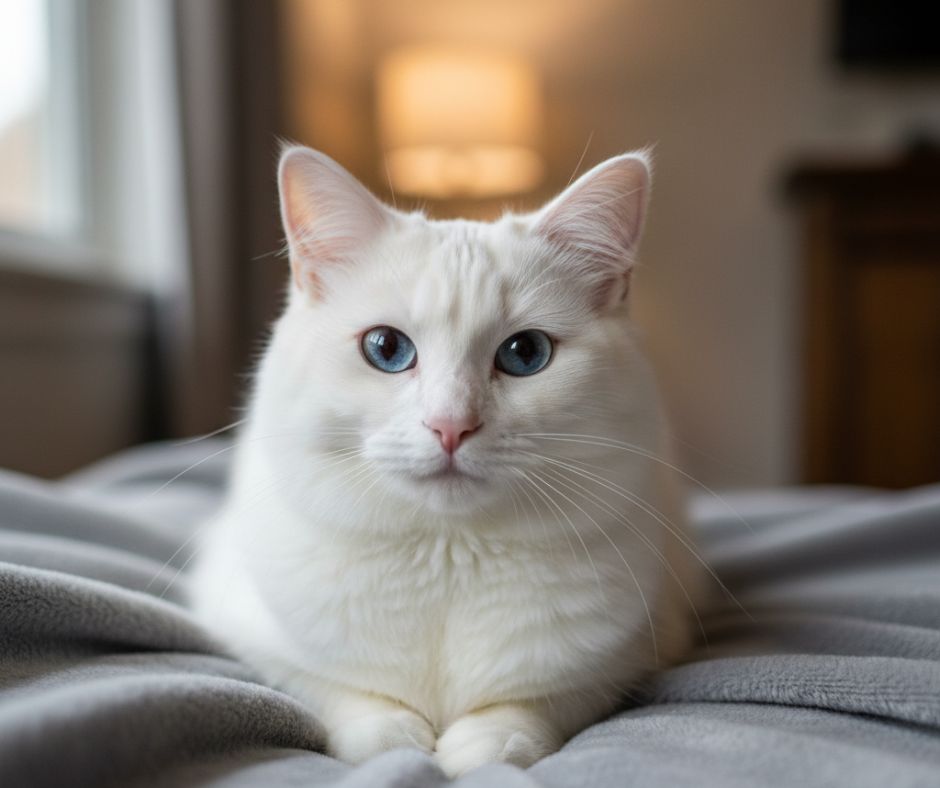 AI-generated social media caption example for an adorable, fluffy white cat with blue eyes.