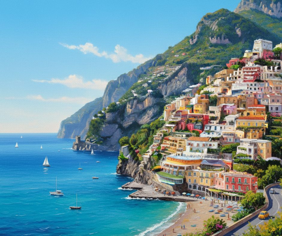 Example of an AI image describer generating a travel caption for a sunny landscape of the Amalfi Coast, Italy.