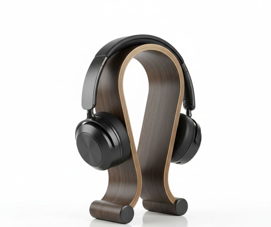 Example of an AI image describer generating a pair of sleek black wireless headphones on a stand.