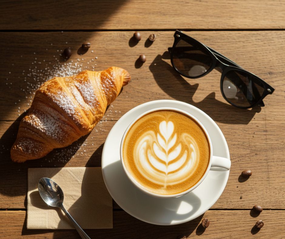 Example of an AI image describer generating a flat lay photo of a coffee, croissant, and sunglasses.